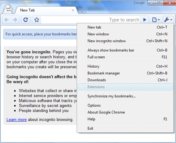 google chrome incognito window shortcut