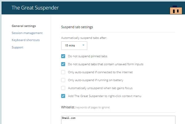 great suspender settings chrome