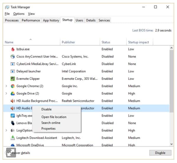 Optimize Windows 10 through Task Manager