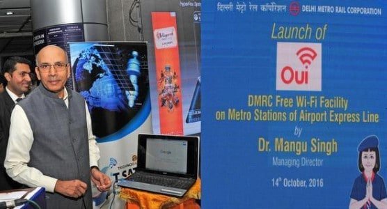 DMRC managing director Mangu Singh launches the free Wi-Fi facility at Shivaji Stadium Metro Station