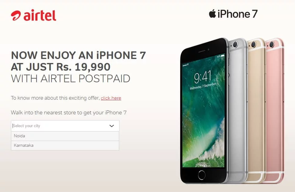 iPhone 7 from Rs. 19,990 onwards; offer by Airtel (T&C Apply)