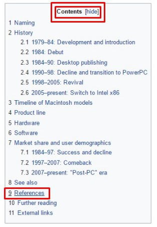 Apple Macintosh Search Page Content Table on Wikipedia