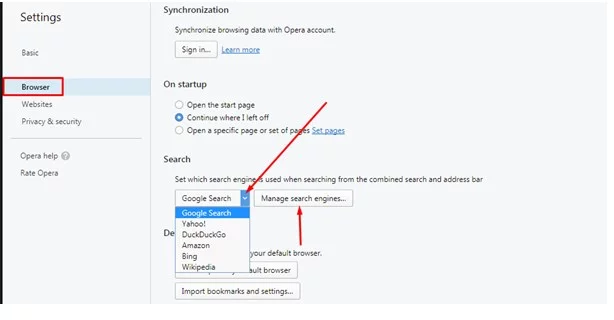 how to change the default search engine in Opera