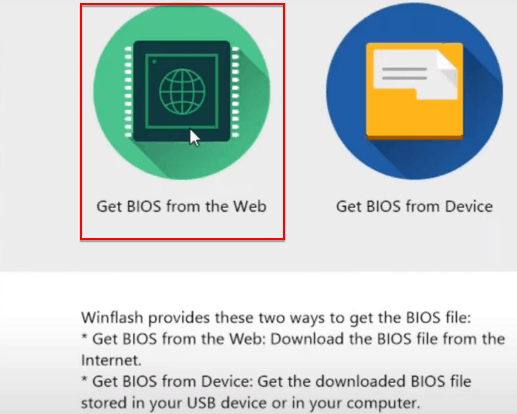 Options to update BIOS on Windows 10 using WinFlash.