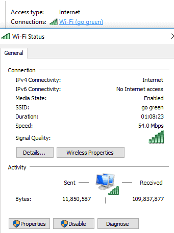 General details of wifi connection.