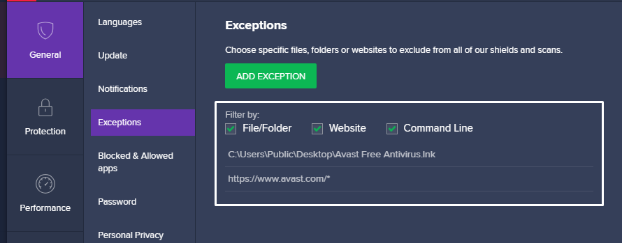 add exceptions in avast