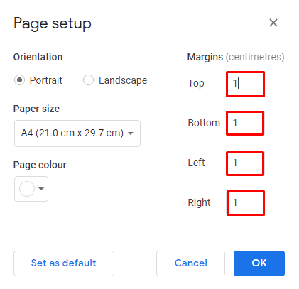 page setup window