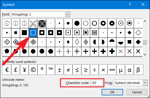 symbols in ms word checkbox